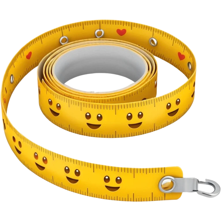 Cute emoji-style measuring tape roll, yellow color with orange highlights, soft edges, small eyes and smile for fun cartoon effect, simple emoji icon style. emoji