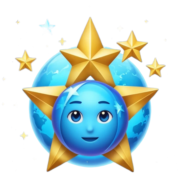 Uma esfera translúcida com reflexos roxos e azuis envolve uma estrela dourada brilhante no centro, criando um visual etéreo e futurista emoji