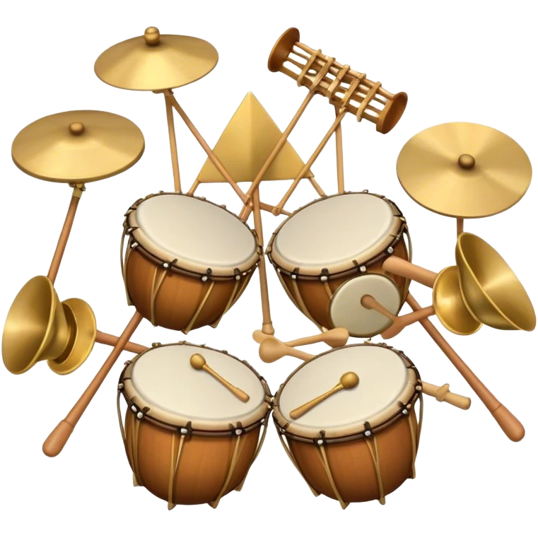 Create a heraldic, festive, and professional emblem-like emoji representing percussion instruments. The design should resemble a traditional crest, featuring a variety of percussion instruments such as cymbals, triangle, tambourine, maracas, timpani, bongo drums, and other traditional folk percussion instruments. Arrange them symmetrically, with cymbals crossing each other, the triangle at the center, and timpani or bongo drums flanking the sides. Include tambourines and maracas prominently, adding rhythm and texture. A flowing ribbon of musical notes should elegantly weave through the instruments, enhancing the sense of movement and celebration. Add intricate decorative patterns on the instruments, along with ornamental swirls, laurels, or flourishes to elevate the festive and heraldic feel. The overall composition should be balanced, harmonious, and visually striking, with an elegant and professional look. The background should be transparent. emoji