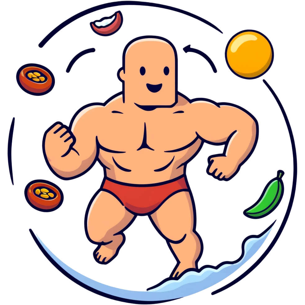 A floating warm orb with bright food icons (meat, egg, beans, tofu, yogurt) orbiting around a semi-transparent muscular human body. The body glows from within, with visible muscle fibers vibrating and expanding. emoji