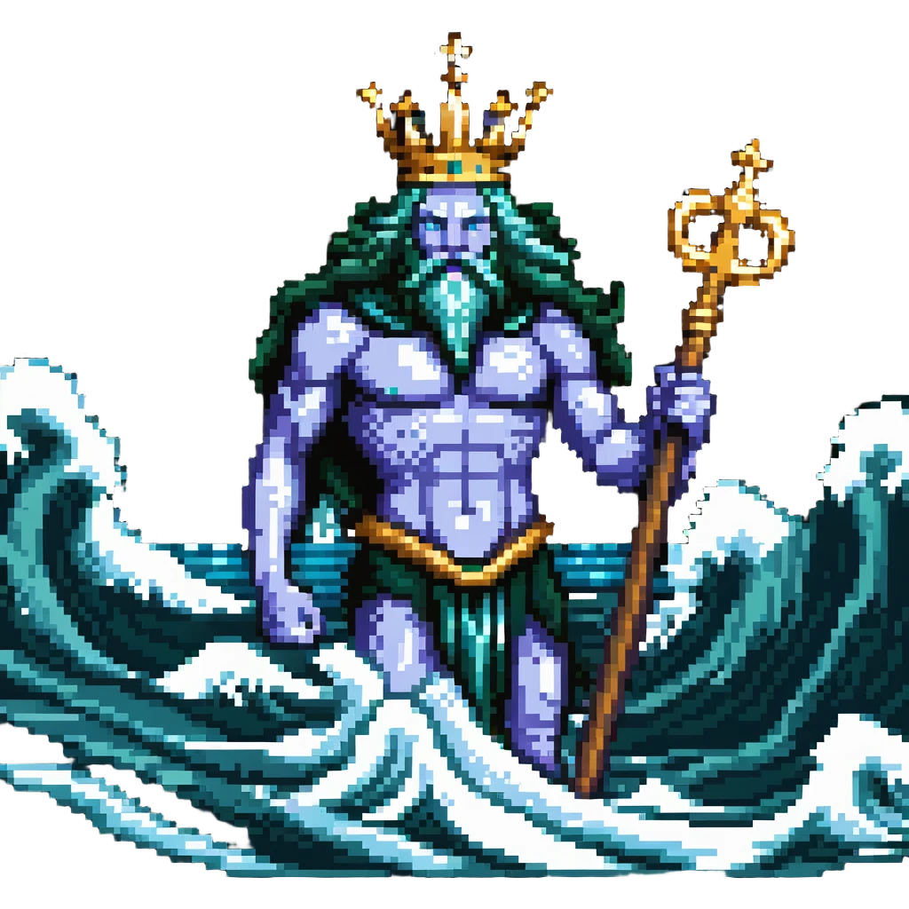 Neptune with trident emerging from ocean waves, sea god with crown emoji