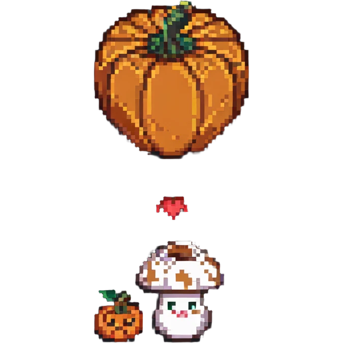heart with a mushroom on one side and a pumpkin on the other, pixel art style emoji