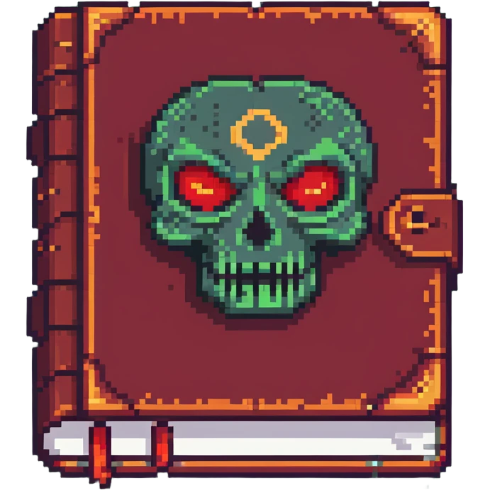 ancient red spellbook with ominous face on cover in pixel art style emoji