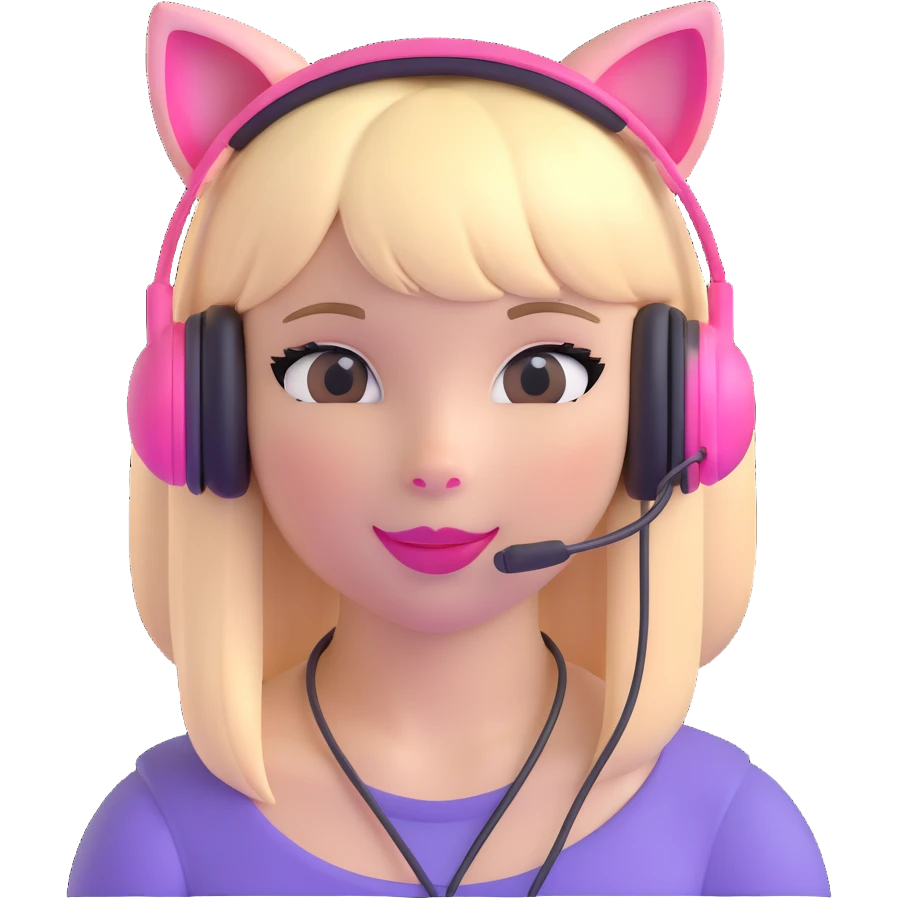 sassy blond girl with straight hair, short bangs, pink kitty-ear headset, pink lips, playful expression emoji