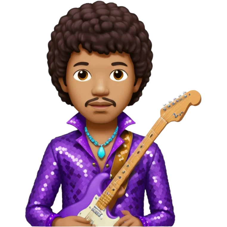Jimi Hendrix with dark brown hair, purple sequin outfit emoji