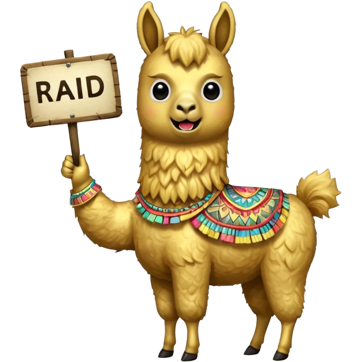 A small golden llama silhouette holding a sign in its teeth that says RAID emoji