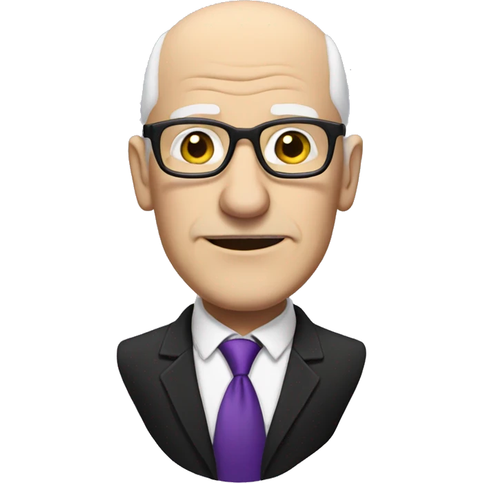 white, bald old man wearing a black suit with a purple tie and glasses, with no mustache emoji