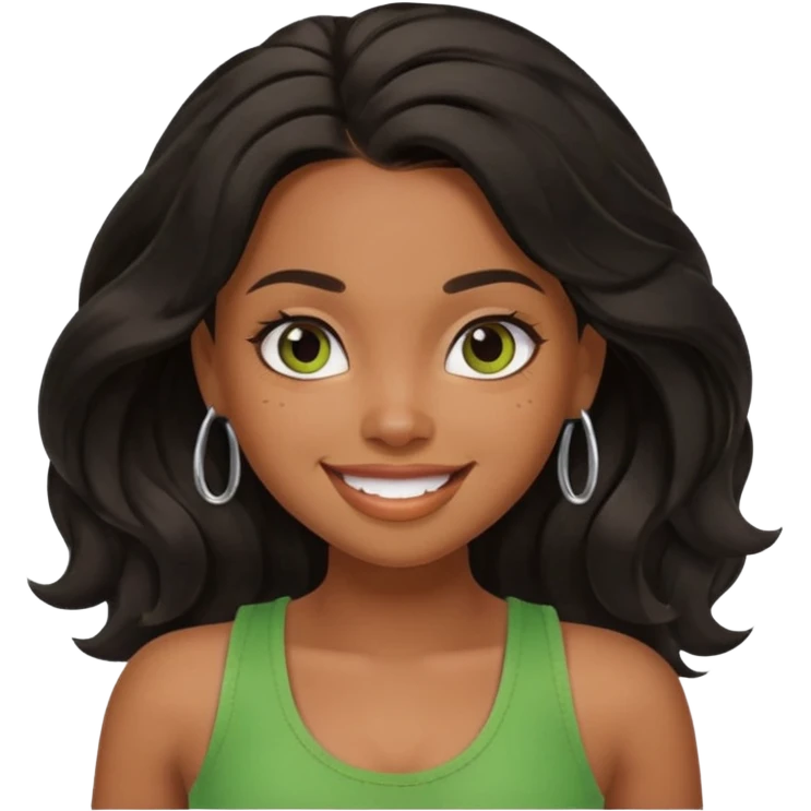 a pretty bratz brown girl with long wavy black color hair, brown eyes and green tank who is smiling emoji