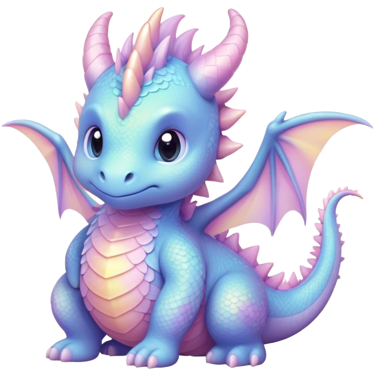 Cinematic fluffy pastel dragon, tiny round wings, chubby feet, sparkling gentle eyes, delicate glowing scales, soft colors blending magically, enchanting and whimsical. emoji