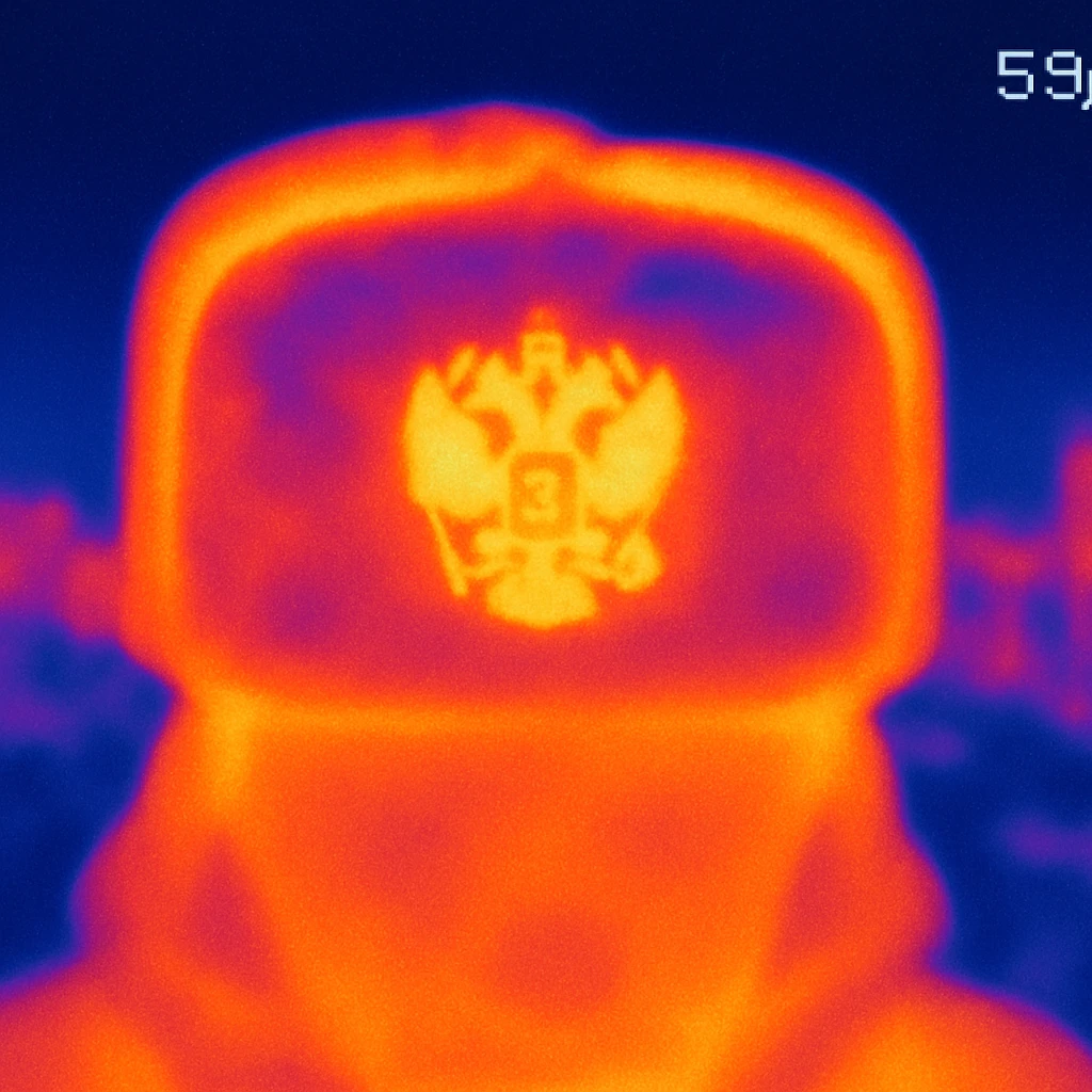 Russian ushanka hat with the emblem of Russia in thermal camera style with a city background emoji