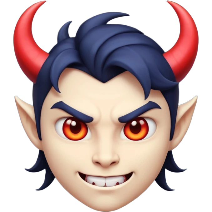 Demon cartoon emoji character, confident and edgy expression, sharp eyes, subtle smirk, small curved horns, clean stylized face, not cute, not scary, balanced dark and saturated colors, bold shapes, modern emoji-style illustration, high contrast, strong character presence emoji