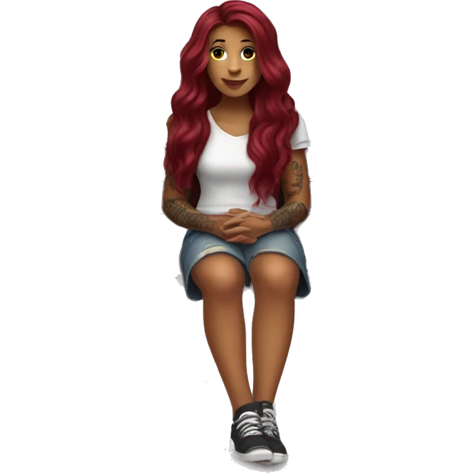 Beautiful tattooed burgundy long haired woman sitting on a bench emoji