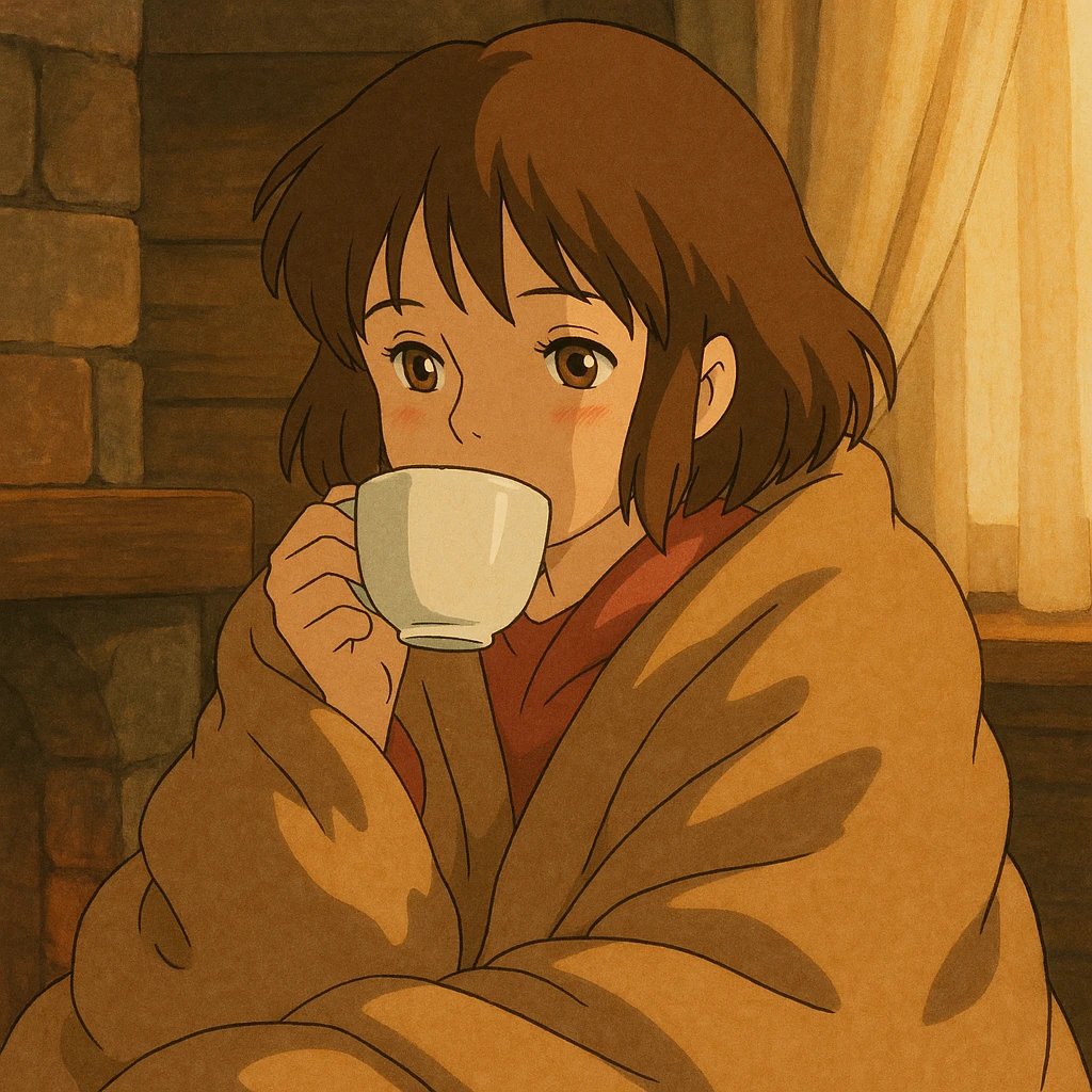 girl with brown hair and light brown eyes drinking coffee from a cup, wrapped in a blanket, ghibli style emoji
