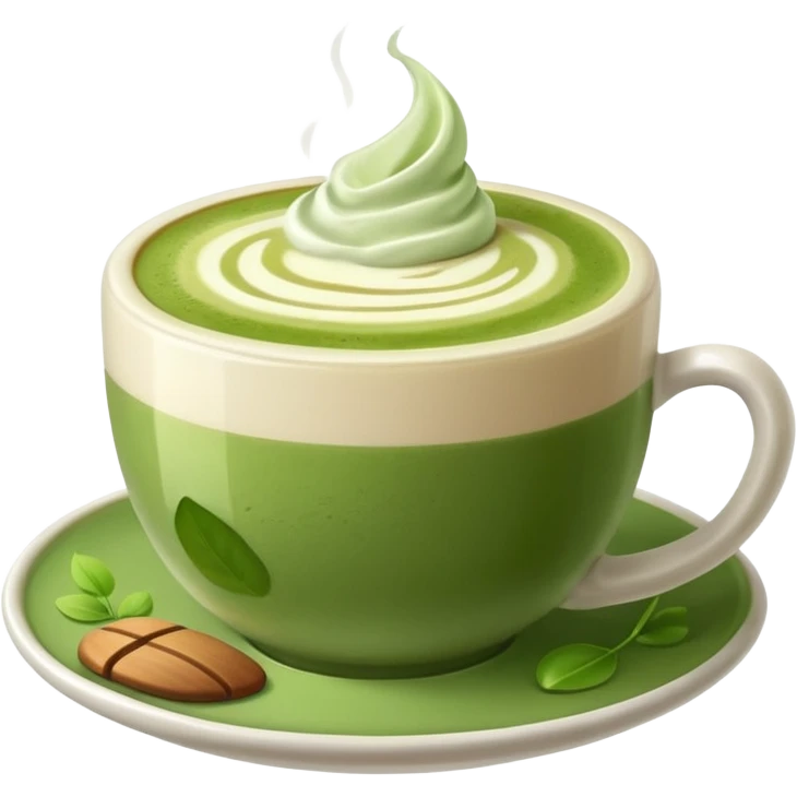 a matcha latte in a ceramic cup with latte art emoji