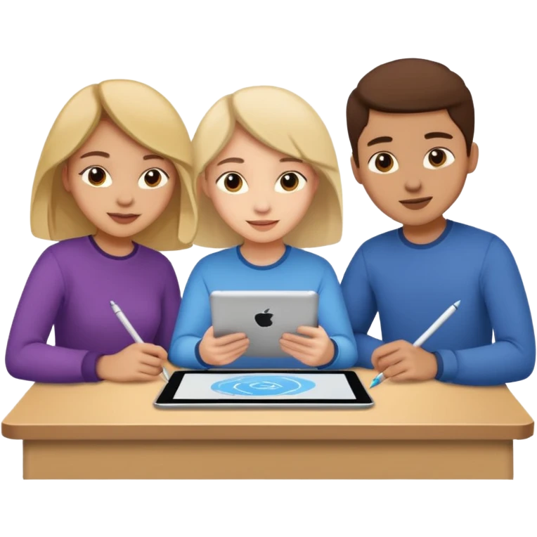 three students collaborating on design with drawing tablets and computers emoji