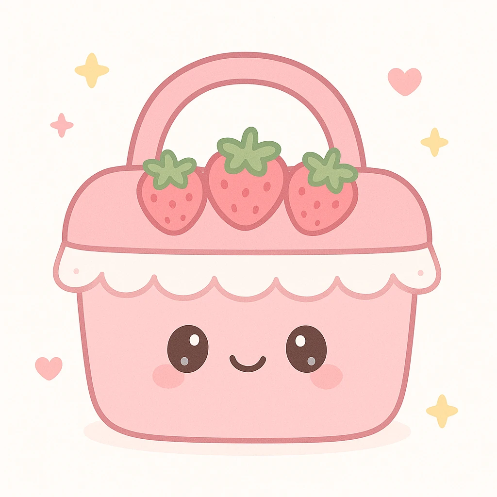a pink picnic basket with strawberries and lace, cottagecore style, gentle and romantic emoji
