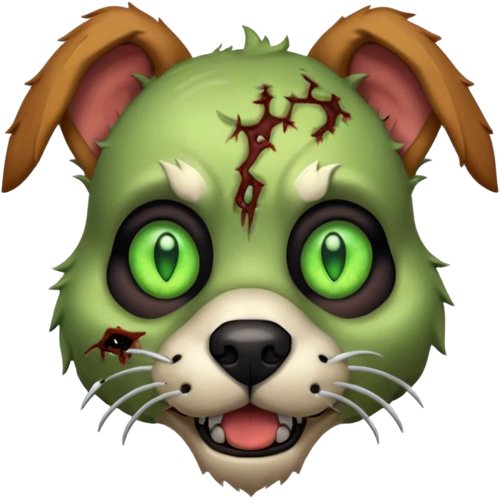 zombie dog portrait, head and shoulders only, torn fur, glowing green eyes, stitched face details, spooky but cute, 3D cartoon, mobile game icon style, clean background, no text, no watermark
 emoji