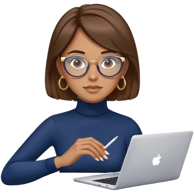 Woman with brown hair wearing navy blue turtleneck, gold hoops and blue screen glasses typing on laptop emoji