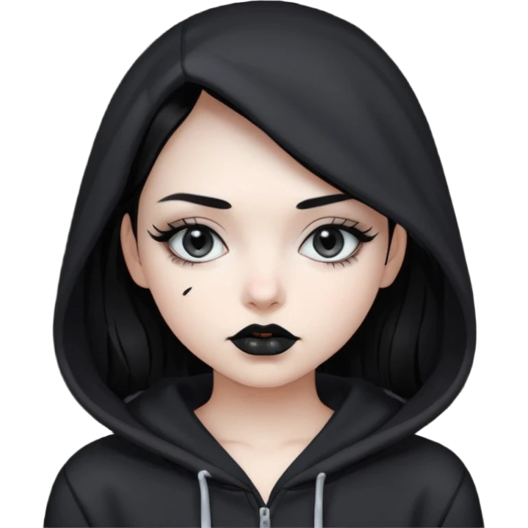 Black haired girl, silver eyes, black lipstick, white skin, black hoodie emoji