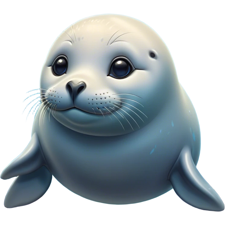 Cinematic Cute Seal Portrait Emoji, Head tilted playfully and inquisitively, featuring a charming, plump form with a sleek, shiny body and round, sparkling eyes full of gentle wonder, accented by a subtly contoured head, Simplified yet irresistibly adorable features, highly detailed, glowing with a warm, friendly oceanic glow, high shine, affectionate and lively, stylized with a touch of whimsical seaside charm, soft glowing outline, capturing the essence of a mischievous yet loving seal that seems as if it could pop out of the screen into your arms! emoji