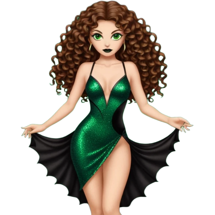 green eyes brown long curly hair evil siren woman,with 7 inch platform stripper high heels black glitter dress, Los Angeles Spanish style black outfit emoji