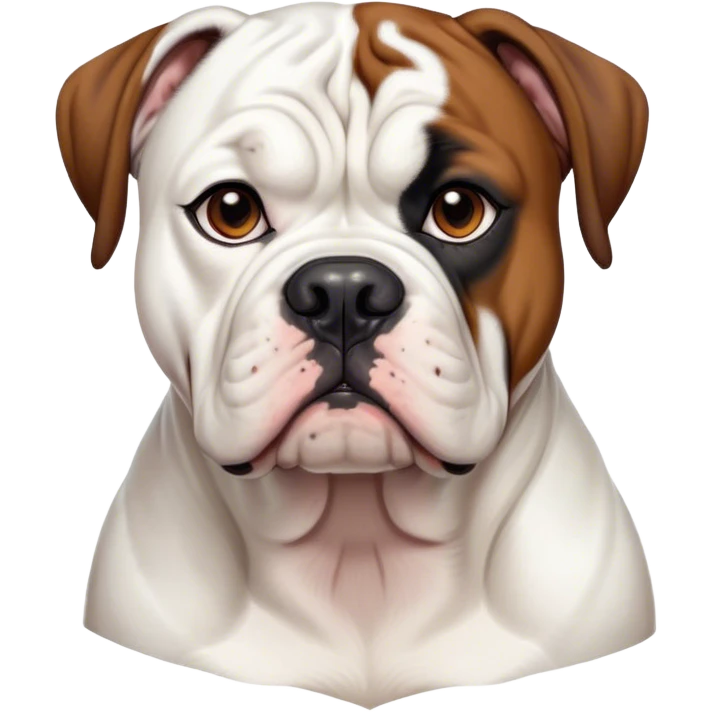 Cinematic Noble Black and White American Bulldog Portrait Emoji, Poised and regal, with a strong, muscular build and a striking black and white coat, deep-set soulful brown eyes, Simplified yet sharp and sophisticated features, highly detailed, glowing with a soft, dignified glow, high shine, intelligent and loyal, stylized with an air of strength, focused and attentive, soft glowing outline, capturing the essence of a watchful and confident guardian, so majestic it feels as though it could step out of the screen with effortless authority! emoji