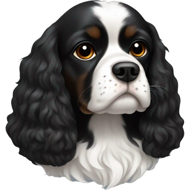 Small completely black king spaniel with black fur on face and white stripe on chest emoji