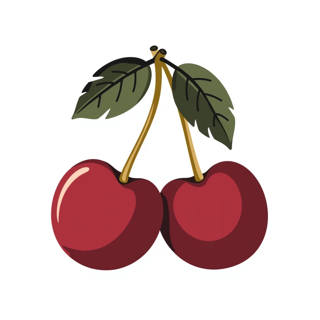 Two cherries with golden stems connected, paired with dark green leaves emoji
