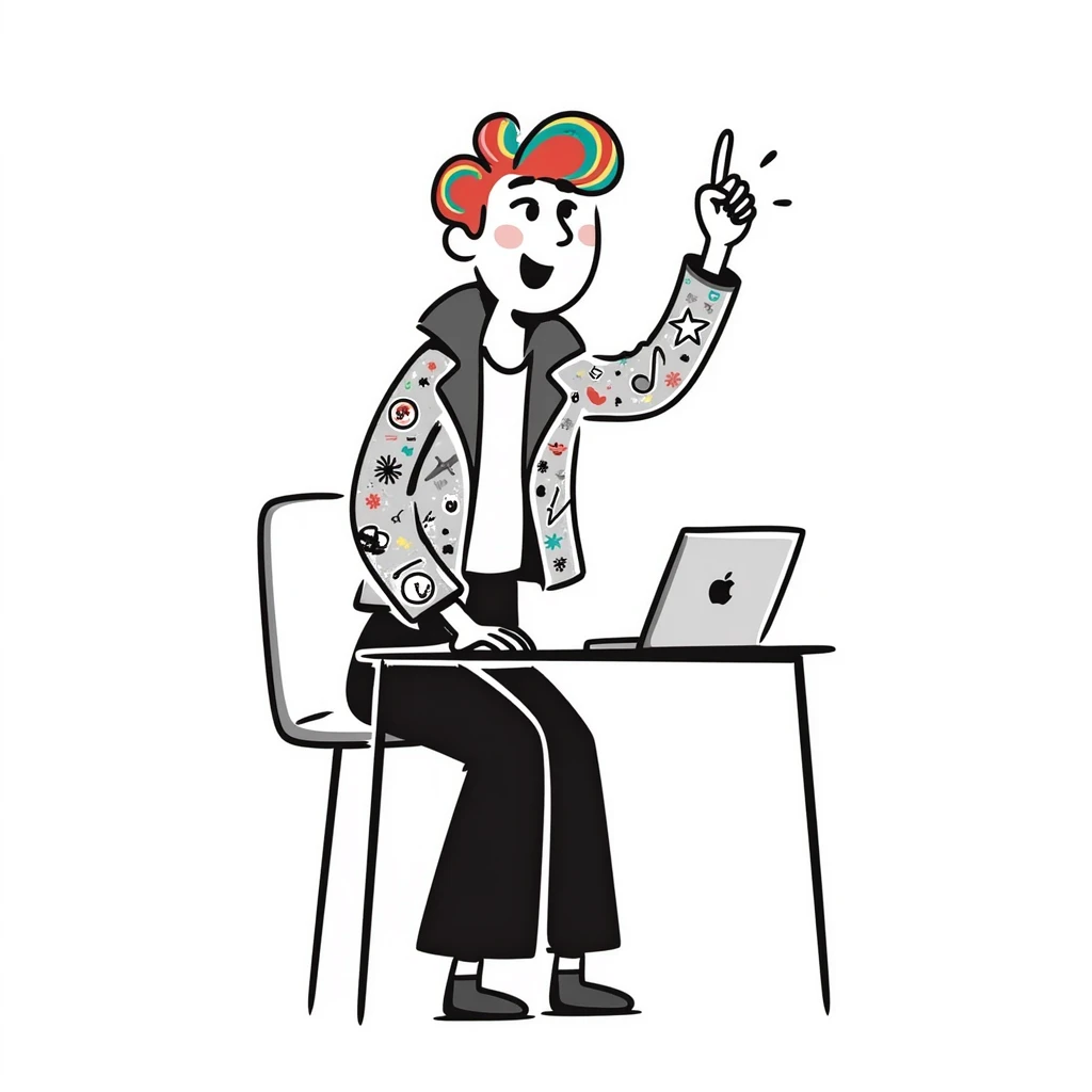 Edgy female rock musician with colorful tattoo sleeve, undercut hairstyle with vibrant dyed hair, wearing leather jacket, sitting at classroom desk with laptop, hand raised enthusiastically emoji