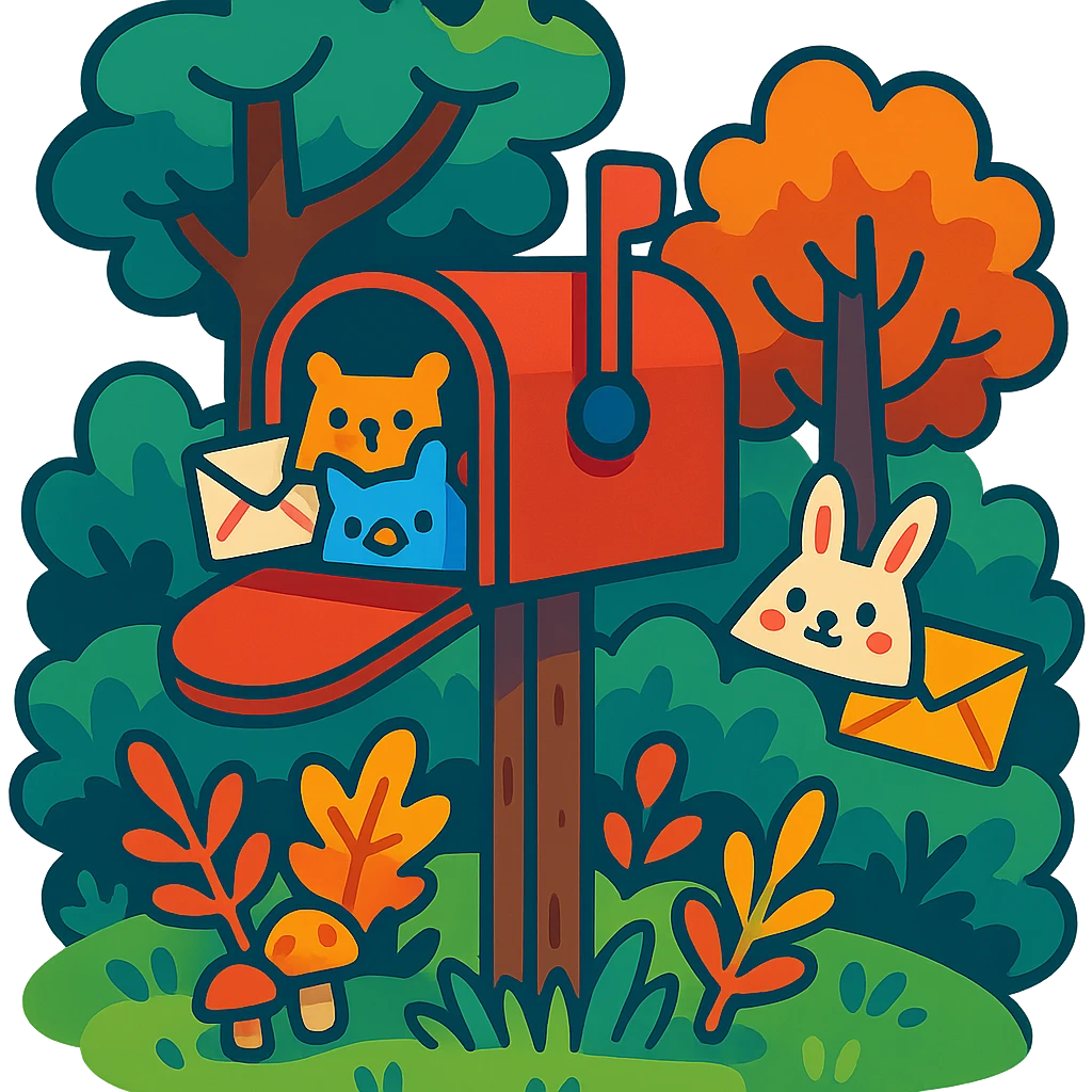 forest mailbox with tiny animal letters, cozy woodland theme, vibrant toon style, colorful and lively emoji