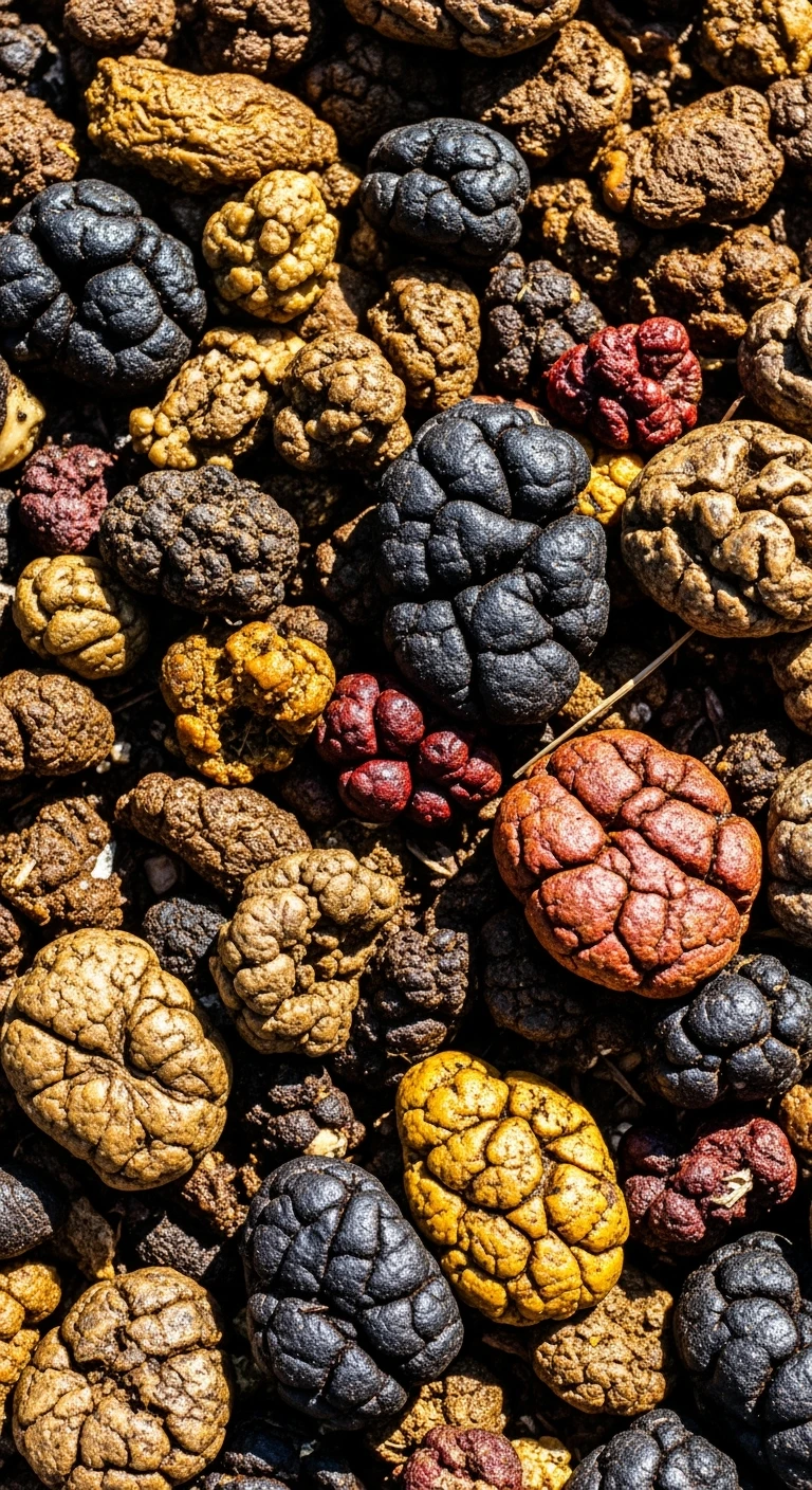 FECI DI ANIMALE VISTE DALL'ALTO DI FORMA, DIMENSIONE E COLORI DIFFERENTI, IPERREALISTICA 4K emoji