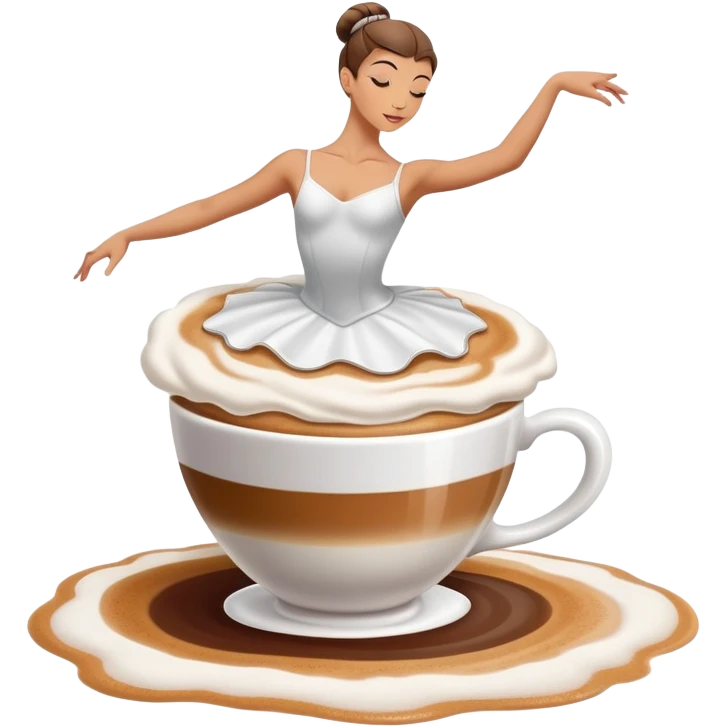 Ballerina dancer emerging from cappuccino foam, graceful pose, coffee cup emoji
