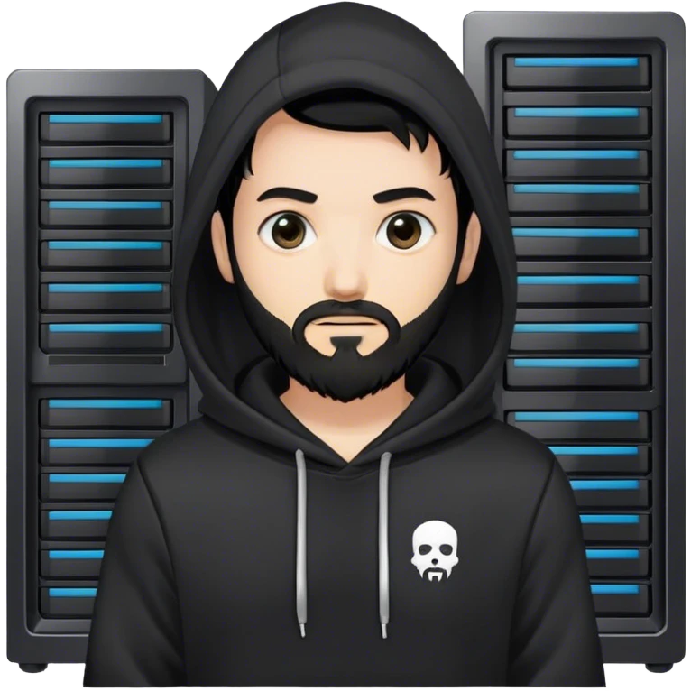 hackeur blanc cheveux noir barbe et capuche noir à côté d'un server ia emoji