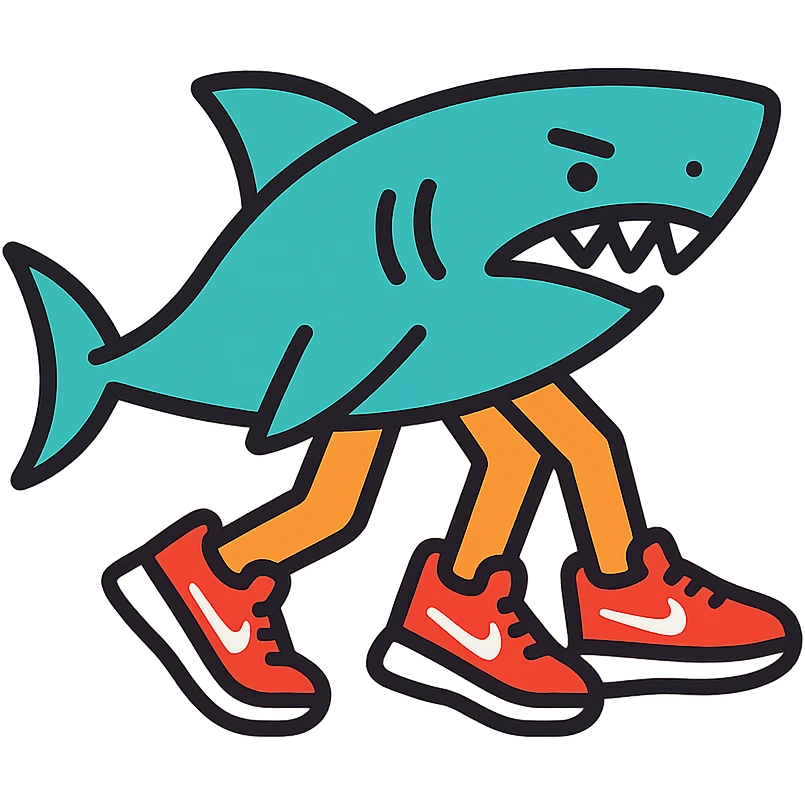 shark with three legs wearing Nike sneakers with white logo, linear icon style, transparent background emoji