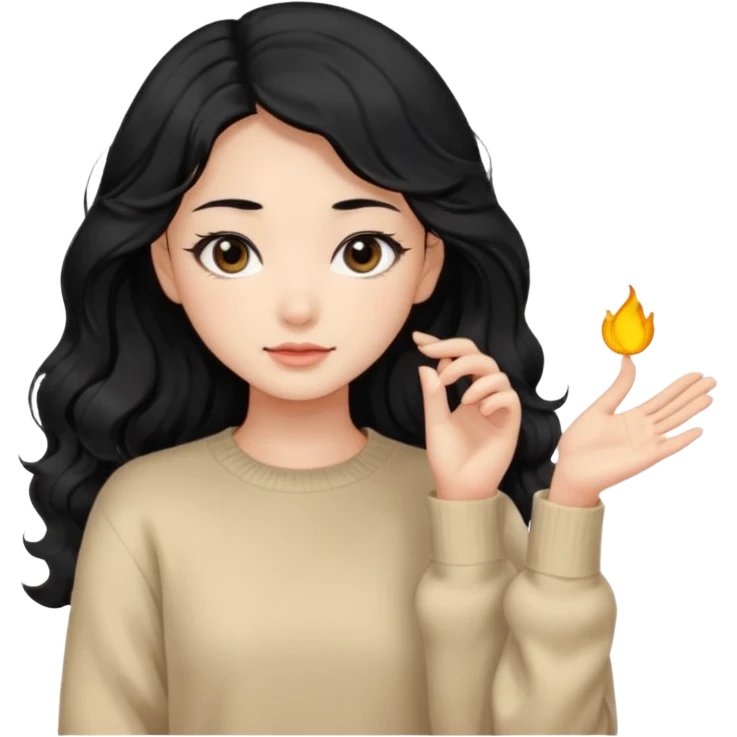 Beautiful girl,Black hair, wavy long hair,Black eyes,Chinese, beige sweater  emoji