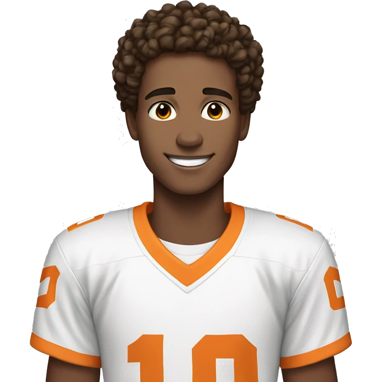 Boy, 20 years old, light skin, dark brown hair, hair short and curly, brown eyes, has freckles, smiling, wearing a white jersey  emoji