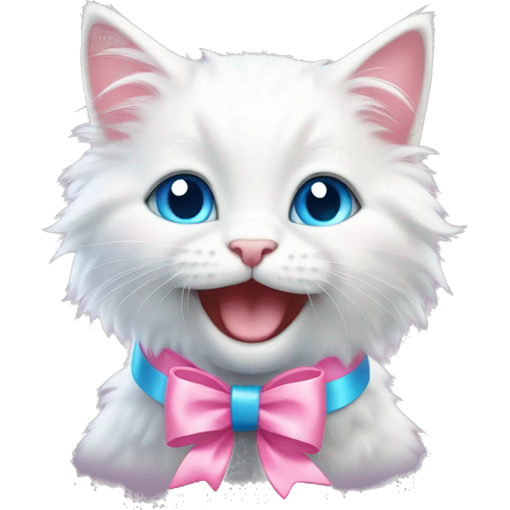 A happy cute fluffy white kitten with blue eyes and a pink bow  emoji