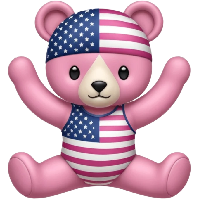 osito de peluche cafe claro con ropita rosa claro y estapado de la bandera de usa y otro con una liga de pilates en la cabeza y con ropa deportiva emoji