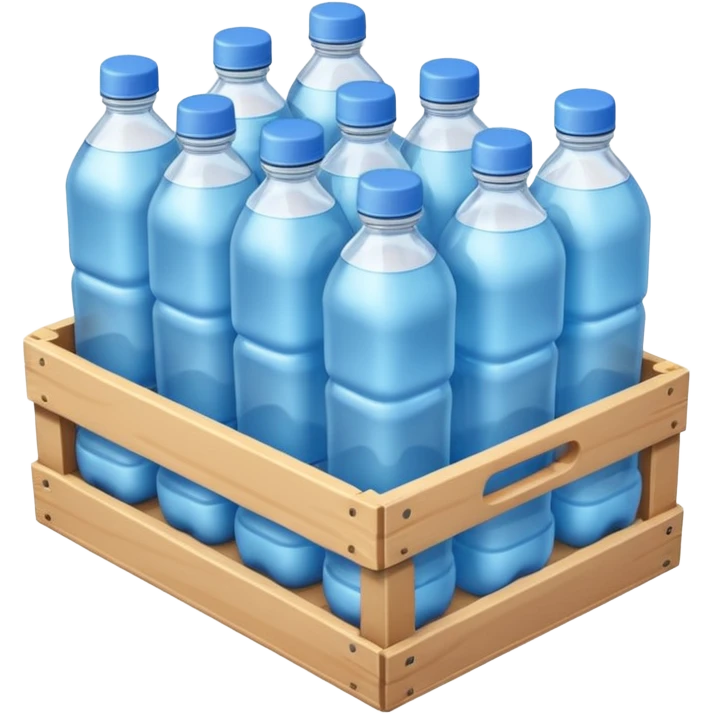 A 3D cartoon crate filled with water bottles, neatly arranged, bright industrial background, smooth reflections, realistic Memoji-style. emoji
