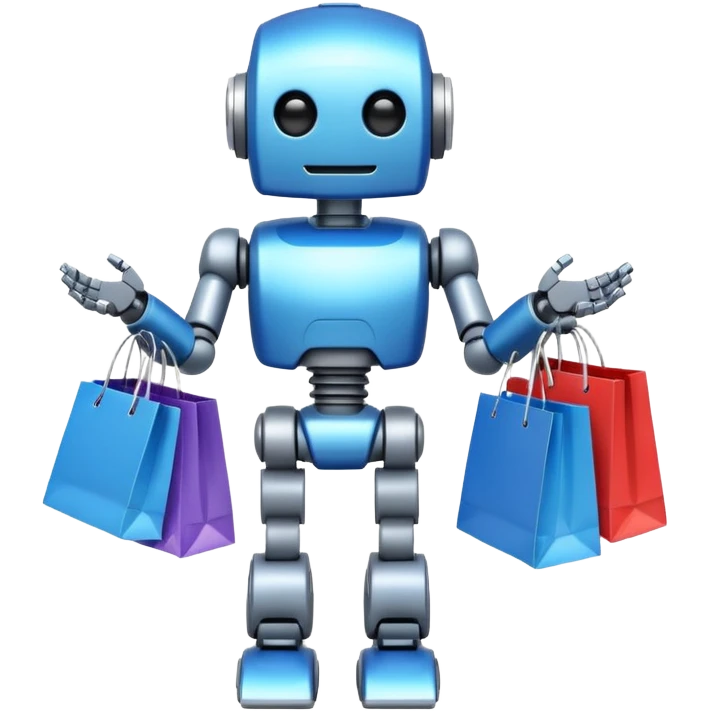 black friday robot with blue and metalic colours with bags in his hands emoji