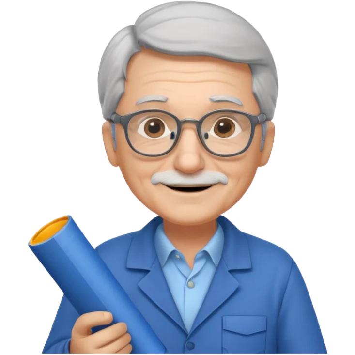 A wise old engineer with warm smile, blueprint rolled under his arm.
 emoji