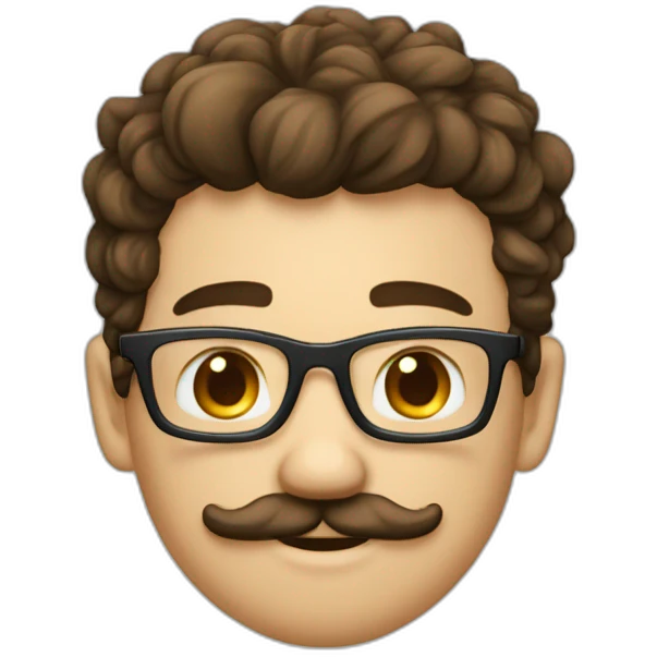 jeune homme cheveux bouclé et brun, fine lunette et moustache emoji