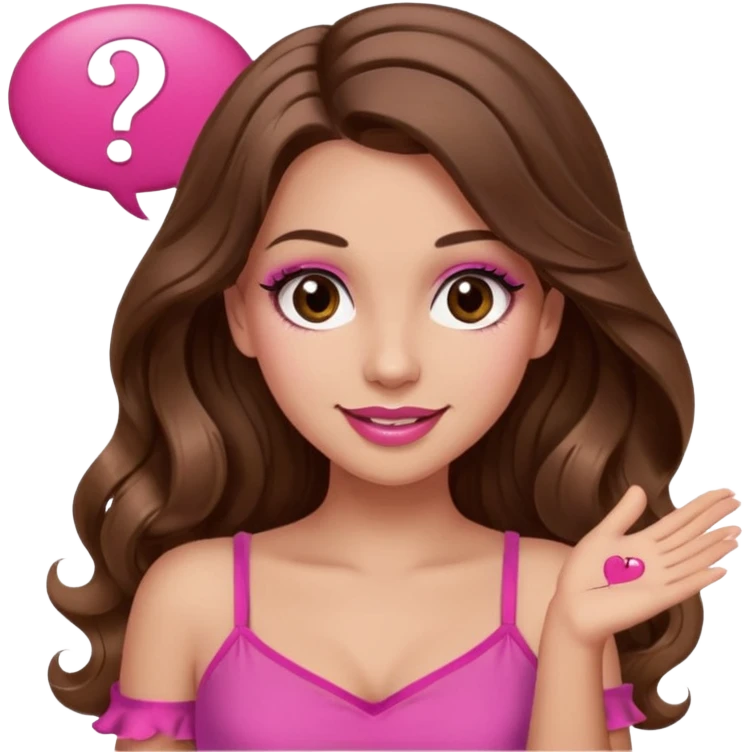 girl with long wavy brown hair, brown eyes, long lashes makeup, sexy pink lips, light to medium complexion, wearing a pink sexy top, shugging, smiling, question mark one speech bubble emoji