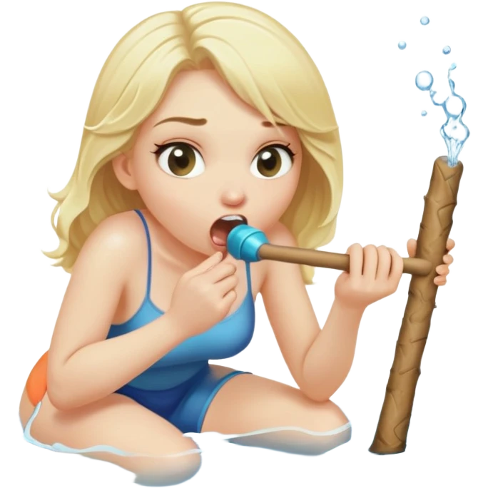 blond woman sitting on her knees, biting a wide stick with a D-shaped knob, both the same color as her skin, the knob has visible skin texture, water jet shooting from the flat side of the knob into her mouth, surprised look emoji
