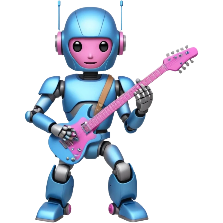 a cyper robot carry her note and electric guitar and try to change the world with pink and bluecolor emoji