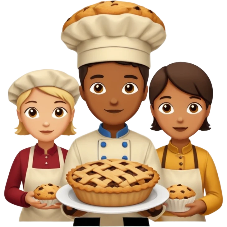 Baking community humanless avatar in vibrant style illustration. Pie, cookie, and muffin warm golden tones, simple shapes, flat design, high contrast. emoji