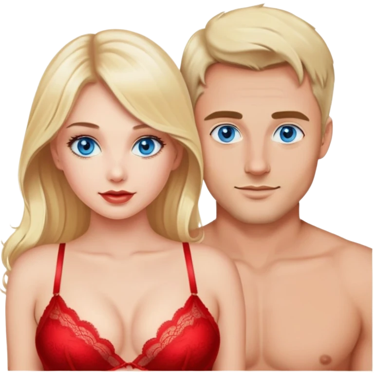 Красивая блондинка в красном белье с красивым голубоглазым мужчиной emoji