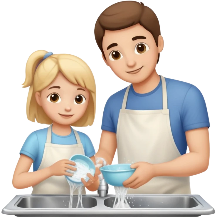 child and parent washing dishes together, friendly and caring emoji