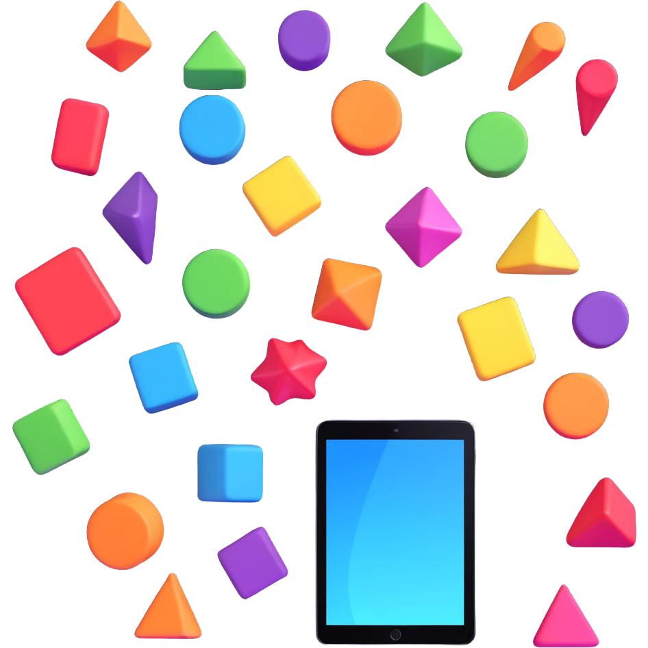 3D surreal iPad with vibrant colors and whimsical shapes, Apple-inspired emoji