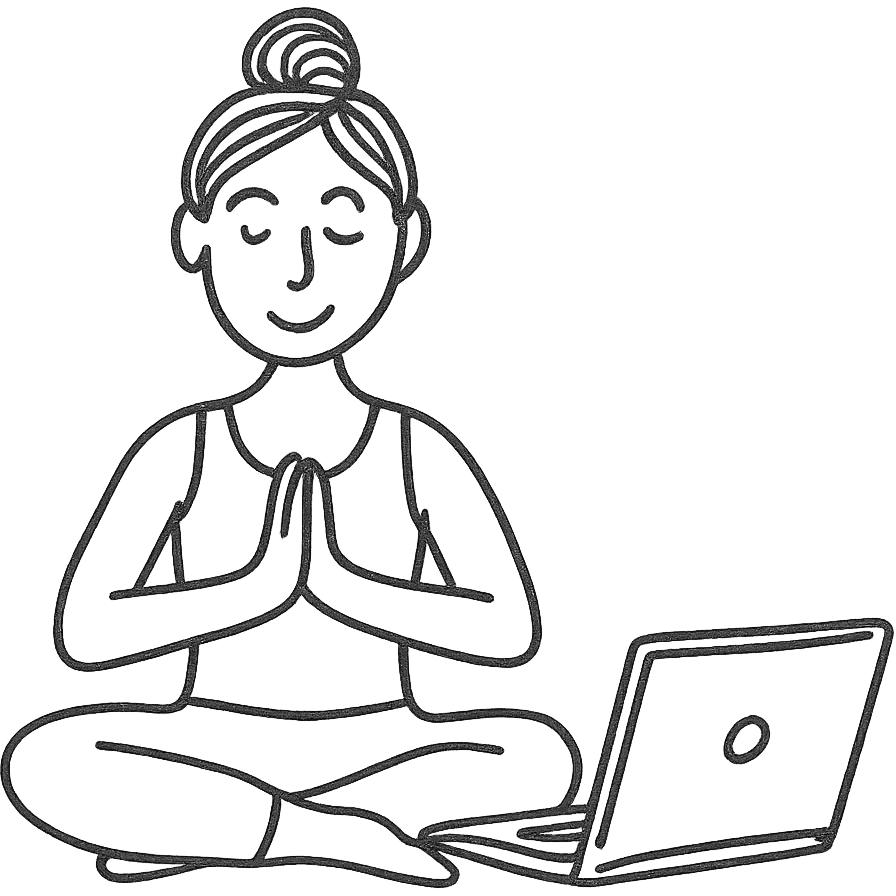 hand-drawn outlined icon of a yoga teacher with a laptop emoji